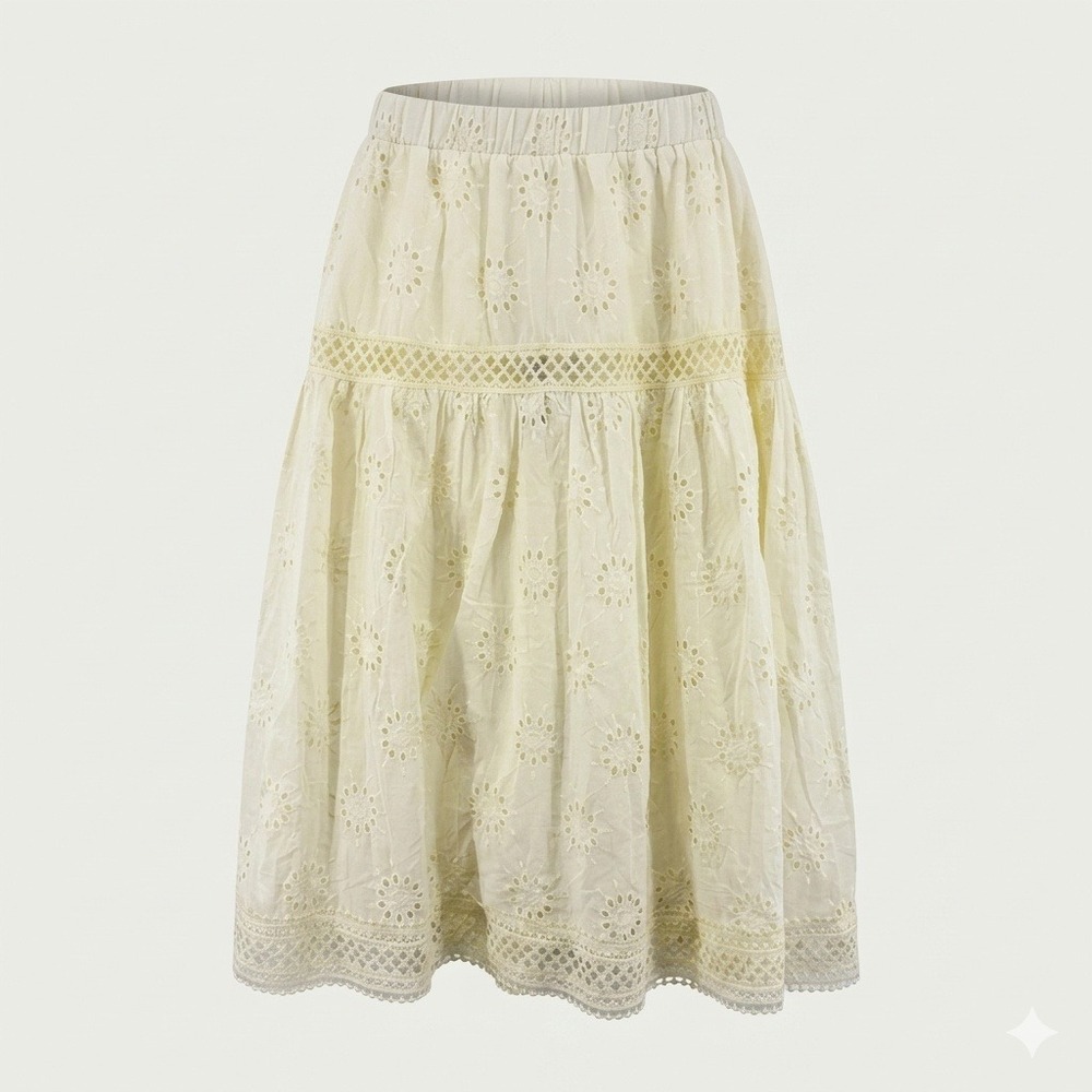 Ultra Pink Womens XL Ivory Cotton Eyelet Lace Tiered Midi Skirt NEW Cottage Boho